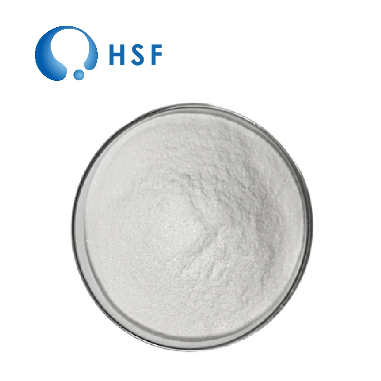 White powder in a glass dish, presented by HSF as magnesium bisglycinate; supplier logo remains visible.