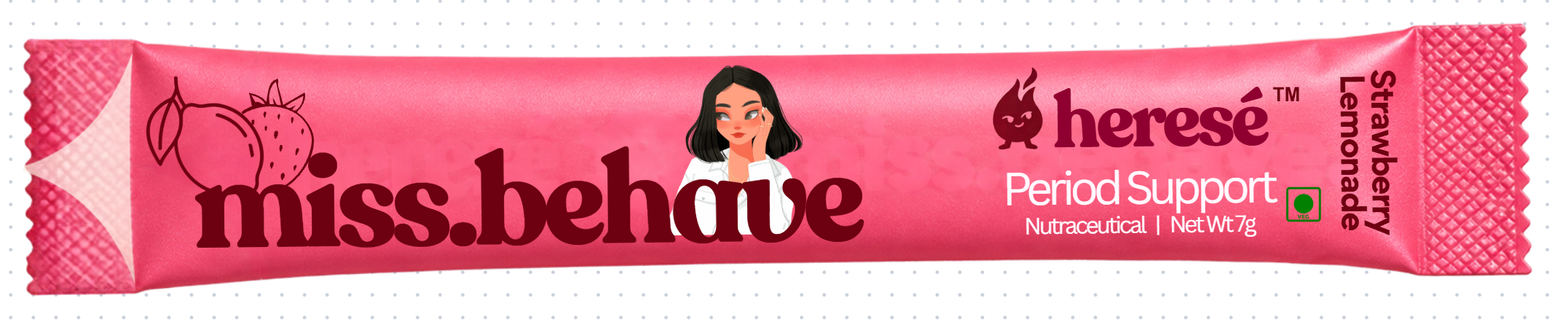 Unchanged final miss.behave sachet: Strawberry Lemonade, Period Support, Nutraceutical, Net Wt 7g