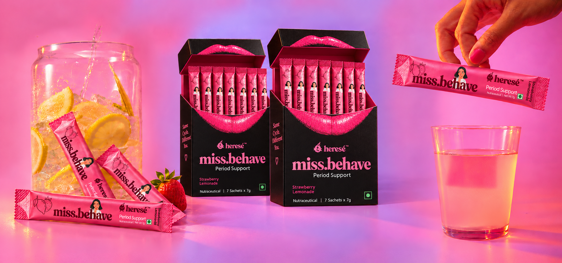 SipSip campaign photography adapted with Heresé miss.behave packaging